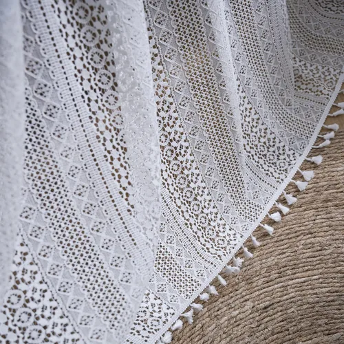 Miniatura 20 de Deeprove Cortinas bohemias para dormitorio, rayas huecas de ganchillo crema y estampado floral, tela de lino de algodón, con borlas beige bohemias