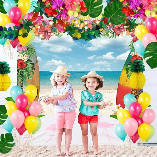Miniatura 3 de Fondo de playa hawaiana para verano, cielo, océano, palmera tropical, tabla de surf, fondo de fotografía, baby shower, decoración de fiesta