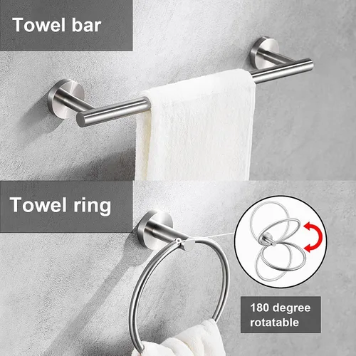 Miniatura 5 de Juego de 6 accesorios de baño de níquel cepillado, anillo de toalla de mano de 16 y 23.6 pulgadas, toallero redondo plateado, ganchos para toallas