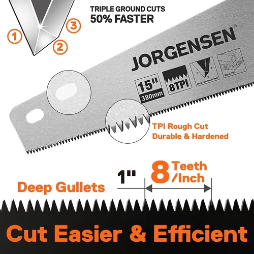 Miniatura 3 de JORGENSEN Sierra de mano profesional de 15 pulgadas, mango ergonómico de soldadura ultrasónica de aluminio antideslizante de corte fino 8 TPI