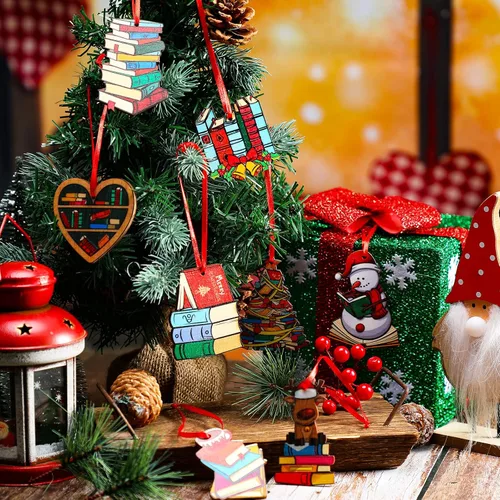 Miniatura 4 de Juego de 24 adornos colgantes para libros de Navidad, árbol de Navidad de madera, muñeco de nieve, campana, estantería de alce, adorno de lectura