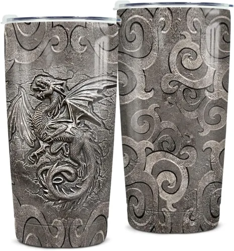 winorax Tumbler de Dragón Estilo Metal Fossil Dragon Lover Vikingo Celta Tumblers de Acero Inoxidable 20oz Aislado Taza de Café de Viaje Regalos