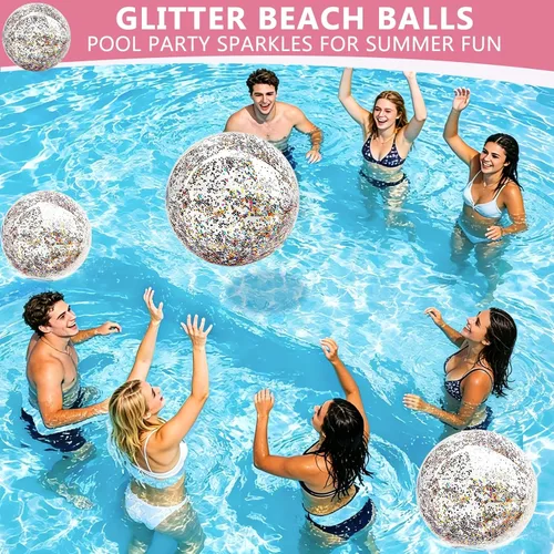 Miniatura 5 de Paquete de 5 bolas de playa de lentejuelas de 16 pulgadas y 24 pulgadas, inflables, confeti con purpurina, pelota de playa transparente, juguete