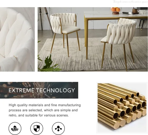 Miniatura 8 de Juego de 2 sillas de comedor de terciopelo, modernas sillas de comedor tapizadas con patas de metal dorado y respaldo tejido para comedor, cocina