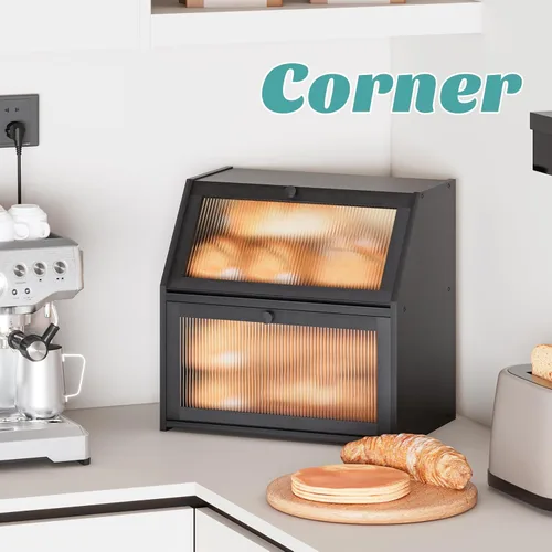 Miniatura 4 de Caja de pan extra grande negra para mostrador de cocina, caja de pan de bambú de doble capa grande, capacidad de almacenamiento de pan de madera