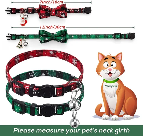 Miniatura 4 de LLHK Paquete de 4 collares de Navidad para gatos con pajarita y campana, collar de gatito para niñas y niños, ajustable de 7 a 12 pulgadas