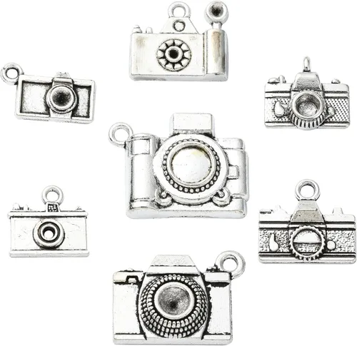 KitBeads 70 piezas de 7 estilos tibetanos para cámara tibetana, dijes de viaje de plata antigua, dijes de fotografía vintage para collares, pulseras