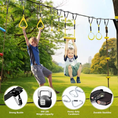 Miniatura 11 de Ninja Warrior - Carrera de obstáculos para niños, kit de línea floja de 2 x 56 pies con 10 accesorios ninja, barra de mono, escalera de cuerda