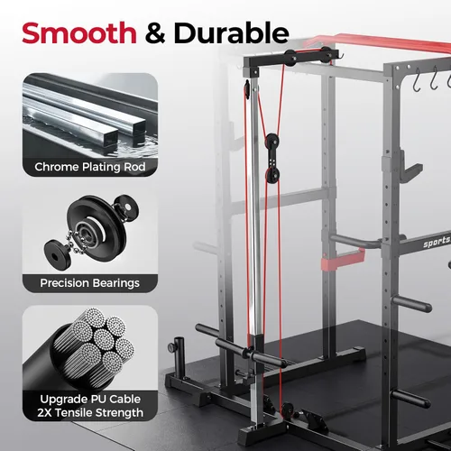 Miniatura 7 de Sportsroyals Jaula de Potencia, Rack de Potencia Multifuncional de 1600 libras con Sistema de Cruce de Cable Ajustable y Más Accesorios de Rojo