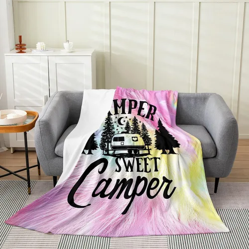 Miniatura 18 de jejeloiu Manta de cama de campamento para todas las estaciones, manta de franela de vellón con temática de campamento feliz, manta peluda de madera