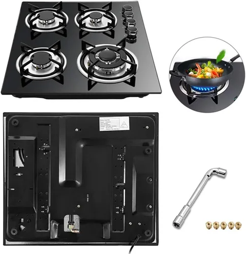 Miniatura 2 de Placa de cocina de gas de 23 pulgadas, 4 quemadores, de vidrio templado, negro, cocina de gas GLP/NG integrada, convertible, gas natural, propano