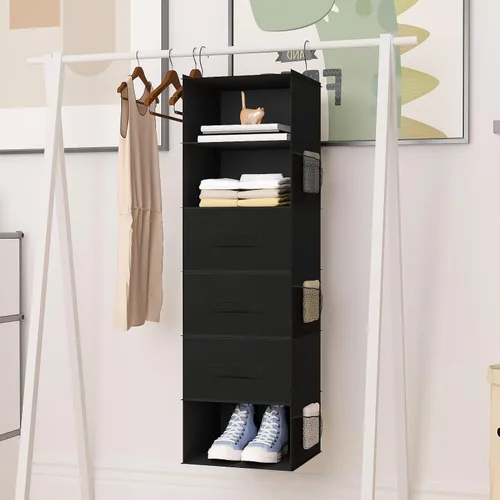 Miniatura 9 de Organizador colgante de armario de 6 estantes con cajones, almacenamiento de ropa plegable, portátil, estantes colgantes para ropa y zapatos, 47 x