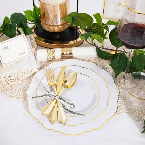 Miniatura 4 de WDF Partyware 350 Piezas de Platos Desechables Dorados para 50 Invitados, Platos de Plástico para Fiesta, Set de Vajilla de 50 Platos de Cena, 50