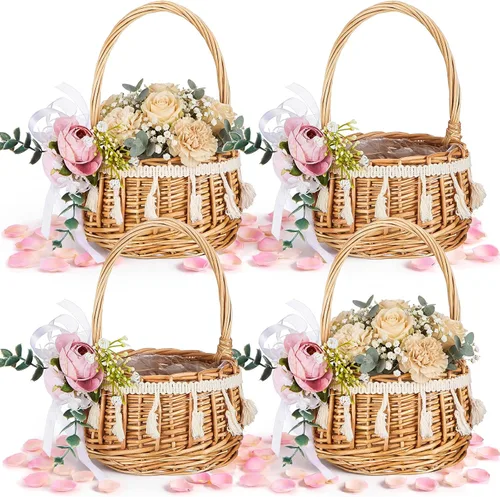 Miniatura 7 de Thyle 4 cestas de flores con 4 ramilletes azules para muñeca de boda pequeños tejidos de ratán de 5.12 x 8.27 pulgadas, cesta floral de mimbre