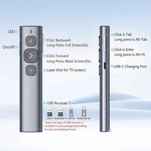 Miniatura 9 de Norwii Clicker de presentación N95, clicker de PowerPoint para control remoto de presentación, puntero inalámbrico recargable, avance de USB A