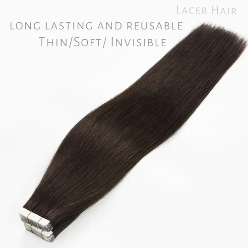 Miniatura 5 de Lacer - Extensiones de cabello humano con cinta adhesiva, color marrón oscuro, extensiones de cabello humano real con trama adhesiva, invisible