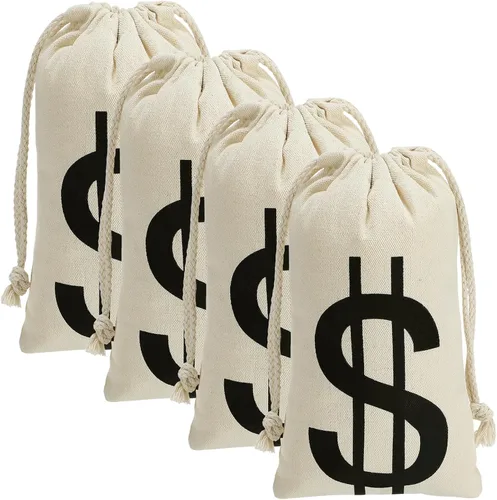Miniatura 10 de 4 bolsas de dinero de lona de 6.3 x 9 pulgadas, bolsa de dinero de Halloween con letrero de dólar, sacos de dinero para disfraz de ladrón de bancos