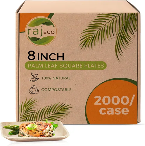 Miniatura 10 de Raj Eco Platos compostables de hoja de palma como platos de bambú desechables – 8 pulgadas cuadrados 50 platos de fiesta, de madera natural