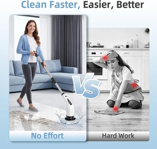 Miniatura 7 de Limpiador eléctrico giratorio, cepillo de limpieza inalámbrico de 3 velocidades con 8 cabezales de cepillo y base, IPX7 impermeable, mango largo
