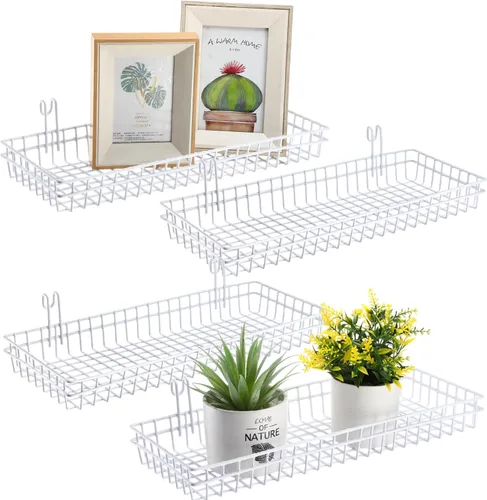 Miniatura 9 de Blulu 4 cestas de pared de rejilla de metal de 15.75 x 3.94 x 1.97 pulgadas con ganchos, estantes de pared, cesta de alambre colgante, organizador