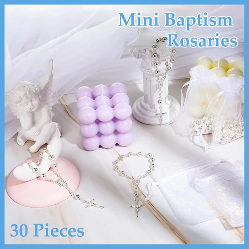 Miniatura 5 de Sasylvia Juego de 60 piezas de recuerdos de bautismo, 30 piezas chapadas, rosario de bautismo, rosarios católicos de dedos y 30 bolsas de organza