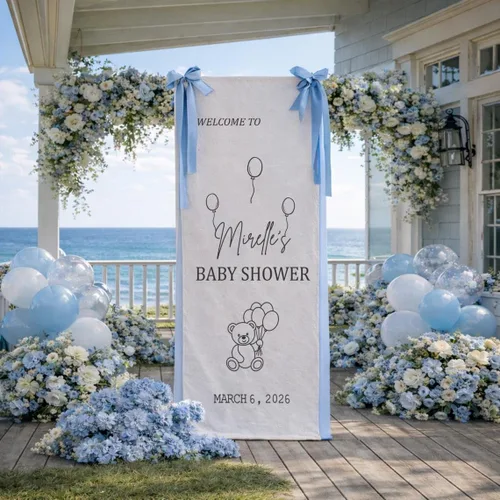 Miniatura 19 de Banner de bienvenida personalizado para baby shower, letrero de telón de fondo de tela con nombre personalizado Baby Shower #6