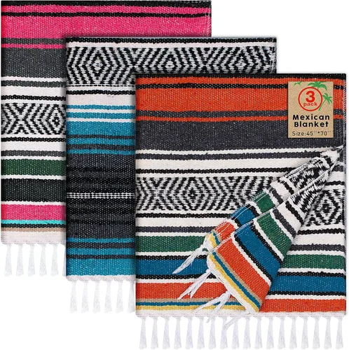 Miniatura 11 de Oudain - Paquete de 3 mantas mexicanas de 45 x 70 pulgadas, manta tejida de sarape Baja para playa, picnic, camping, decoración bohemia para sofá
