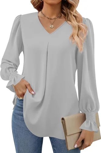 Miniatura 18 de Funlingo Blusas de mujer con mangas largas 2025, elegantes y casuales, con cuello en V, túnica suelta de gasa para el trabajo
