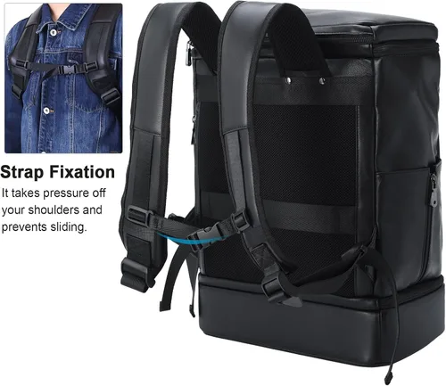 Miniatura 2 de TIDING Mochila de cuero genuino para hombre, bolsa de laptop de 15.6 pulgadas, mochila casual de viaje con compartimento para zapatos, Negro