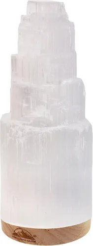Himalayan Glow Lámpara de cristal selenita de 7.9 in, estación de carga marroquí curvada a mano, cristales y piedras curativas, cable eléctrico con