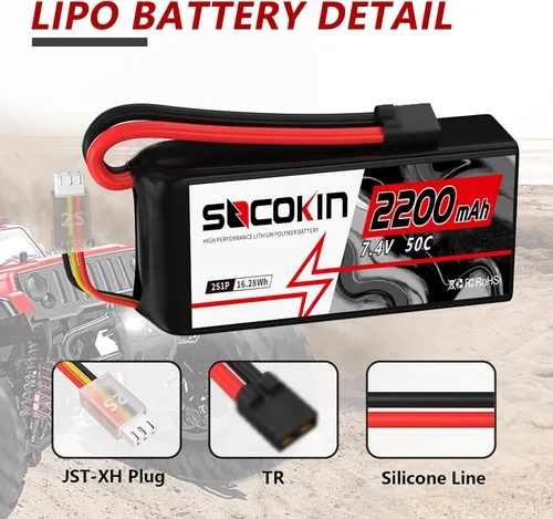 Miniatura 2 de 2S Lipo Batería 7.4V 50C 2200mAh Lipo Batería con conector TR Enchufe Suave Estuche Shorty para RC Car Truck Boat Truggy FPV Drone Quadcopter UAV