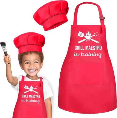 Miniatura 8 de Juego de delantal y sombrero de chef para niños, divertido delantal de entrenamiento con 2 bolsillos para niños y niñas Negro