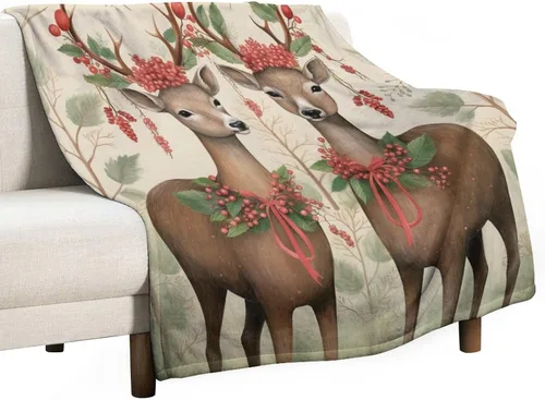 Miniatura 45 de Elegante manta de Navidad con diseño de ciervos y bayas rojas y verdes, diseño de renos de invierno, con diseño de ciervos y bayas rojas, manta