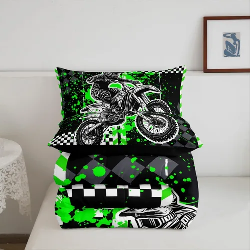 Miniatura 6 de Feelyou Kids Green Dirt Bike Duvet Insert Twin Size, Extreme Sports Comforter Set Boys Girls Motorbike Bedding Set Teens Bedroom Decor Microfiber