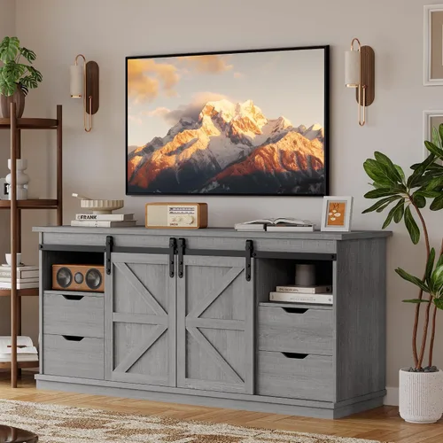 Miniatura 8 de YESHOMY Soporte de TV para televisores de hasta 65 pulgadas, con puertas correderas de granero y 4 cajones de almacenamiento, mesa consola y muebles