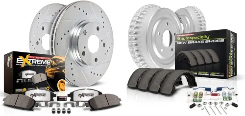 Power Stop Paquete de kit de freno delantero y trasero | Pastillas de cerámica de fibra de carbono y rotores perforados/ranurados + tambores de
