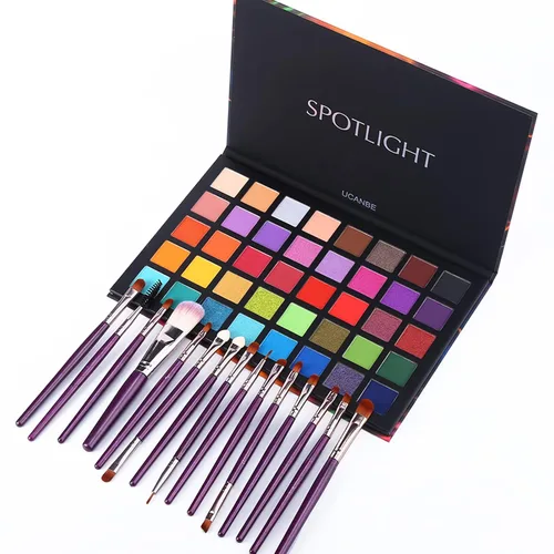 Miniatura 7 de UCANBE Spotlight Paleta de sombra de ojos + 15 pinceles de ojos, juego de maquillaje profesional de 40 colores mate brillante paleta de sombra