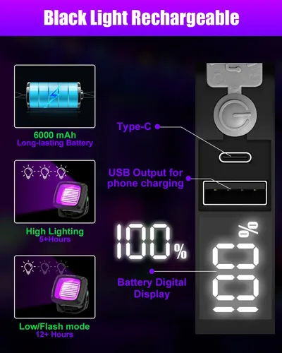 Miniatura 3 de Luz Negra Recargable, Luz Negra Alimentada por Batería de 6000 mAh, Luz de Inundación Ultravioleta Portátil Sin Cable de 395 nm para Fiesta
