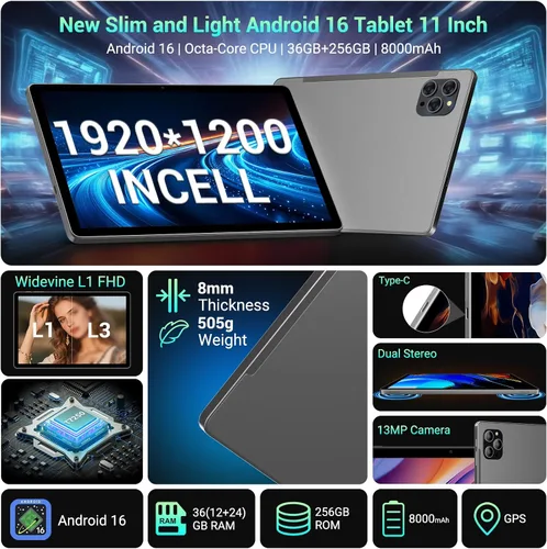 Miniatura 2 de Tablet Android 16 de 11 pulgadas con Gemini AI, tabletas de pantalla FHD de 2K, 36 GB de RAM 256 GB ROM, Octa-Core T615, 2 en 1 con teclado, 8000