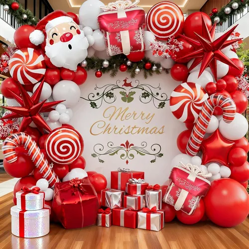 Miniatura 4 de Kit de guirnalda de globos de Navidad en forma de arco con globos rojos y blancos, caramelo, bastón, estrella, estrella de explosión, caja