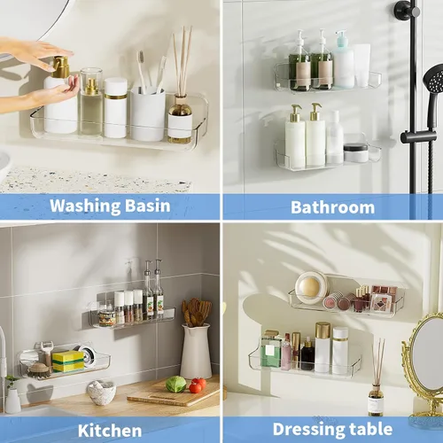 Miniatura 6 de Diesisa Organizador de pared acrílico de 2 piezas, estante adhesivo, organizadores de pared, sin perforaciones, estantes de baño, estante de pared