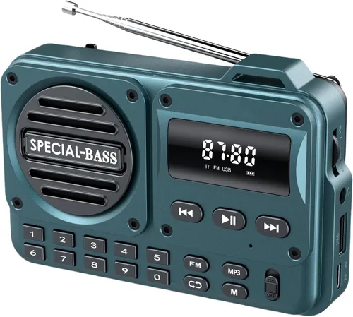 Radio de bolsillo FM con carga USB-C, 2000 mAh, recargable, excelente recepción, altavoz transparente y conector para auriculares, pantalla LCD,