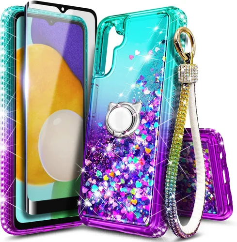 Miniatura 14 de Funda compatible con Samsung Galaxy S24-FE Aqua/Purple Funda líquida flotante con purpurina linda con protector de pantalla de vidrio templado