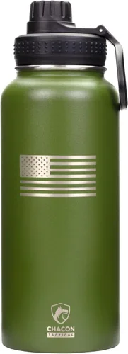 Miniatura 14 de Botella de agua aislada, negro, acero inoxidable, 32 onzas, diseño de bandera estadounidense de línea azul fina, boca ancha