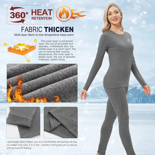Miniatura 3 de MeetHoo Ropa interior térmica para mujer, conjunto de compresión de capa base cálida para invierno, forro polar, pantalones largos para correr