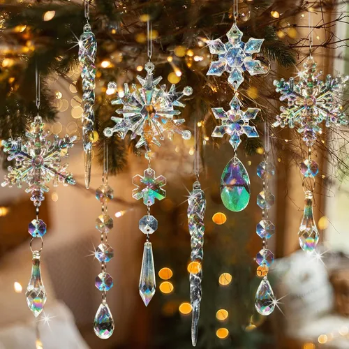 Miniatura 9 de GuassLee 36 piezas Adornos de Cristal para Árbol de Navidad - Copos de Nieve Acrílicos Azules Carámbanos Gota Cristal Adornos Colgantes para Árbol