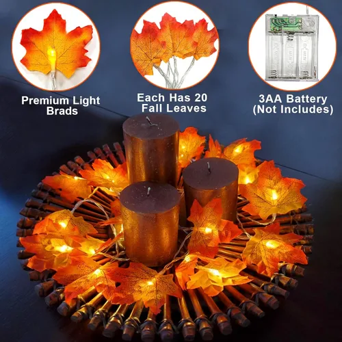 Miniatura 3 de TURNMEON Paquete de 2 decoraciones de Acción de Gracias con hojas de arce agrandadas, luces totales de 20 pies y 40 LED, decoraciones de otoño