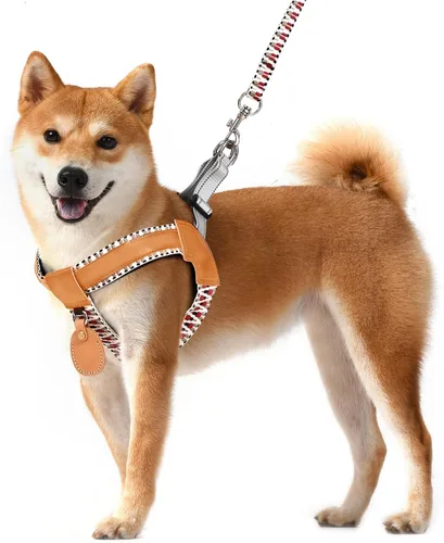 Miniatura 7 de Arnés de poliéster y cuero genuino para perro sin tirones con tiras reflectantes, chaleco ligero con soporte AirTag para perros de tamaño mediano