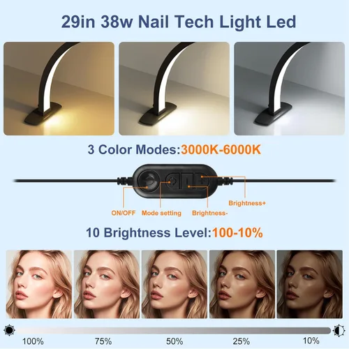 Miniatura 3 de iVict Luz de Media Luna para Mesa de Uñas, Lámpara Técnica de 29 Pulgadas 40W con Soporte para Teléfono, 10 Niveles de Brillo Ajustables, Lámpara
