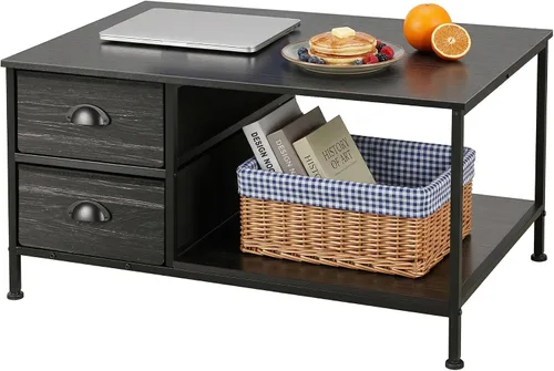Miniatura 9 de SENIG Mesa de café de 2 niveles con estante de almacenamiento para espacios pequeños, mesa auxiliar rectangular de madera de roble gris y metal